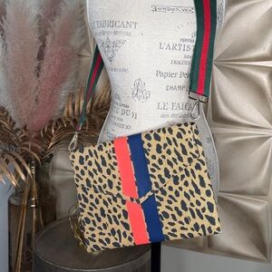 Stella & Dot Leopard Print Crossbody with Red & Green Stripe